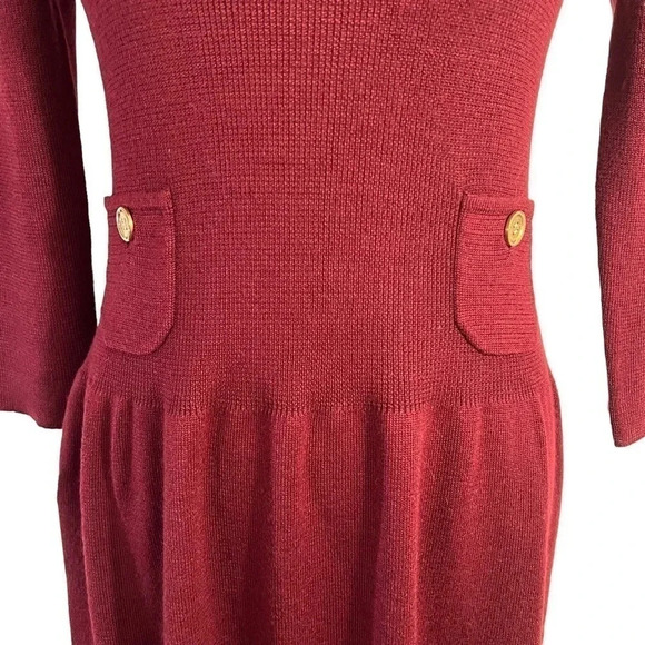 Anne Klein Wool Blend Dark Red Sweater Dress Small 3/4 Sleeves Pockets Buttons - Picture 5 of 7